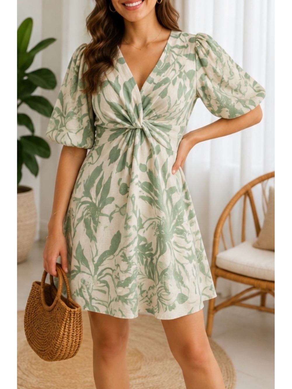 NWT  White Closet Elements Linen Blend V-Neck Twist-Front Dress size M